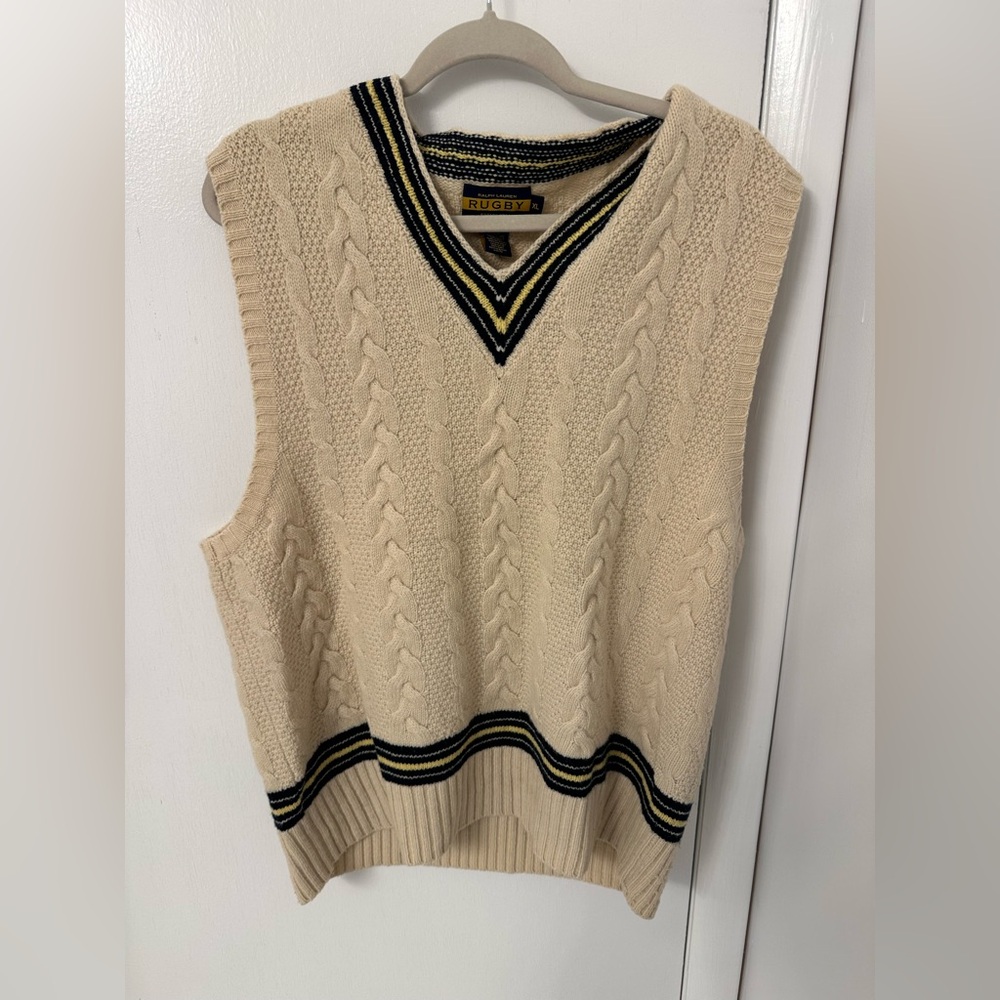 Ralph Lauren Rugby Vest Cable Knit XL V Neck Cream Beige Jumper Pullover RARE